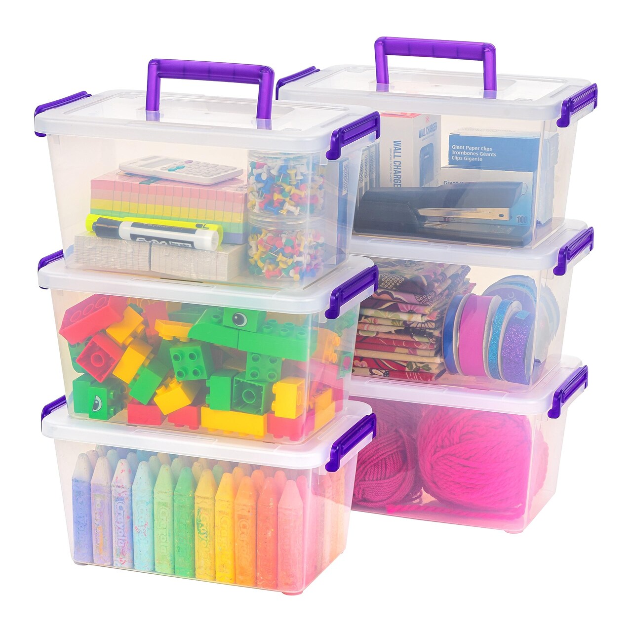 5 Qt. Plastic Craft Storage Container Bins with Lids, 6 Pack, Small Art & Office Supply Organizer Tote, Sensory Bins & Boxes for Home & University, Stackable, Carry Handle, Clear
